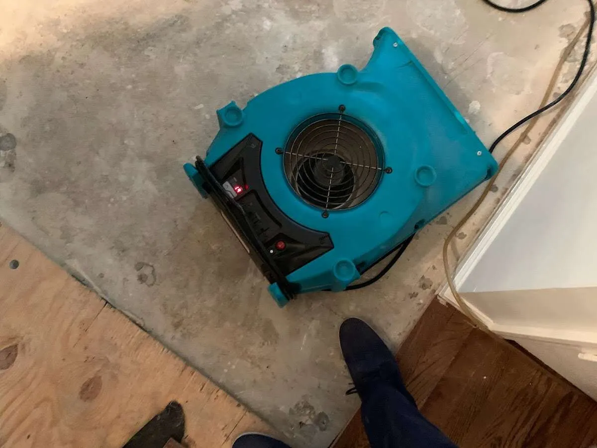 Air mover drying subfloor during Leak Detection & Repair in Elsa